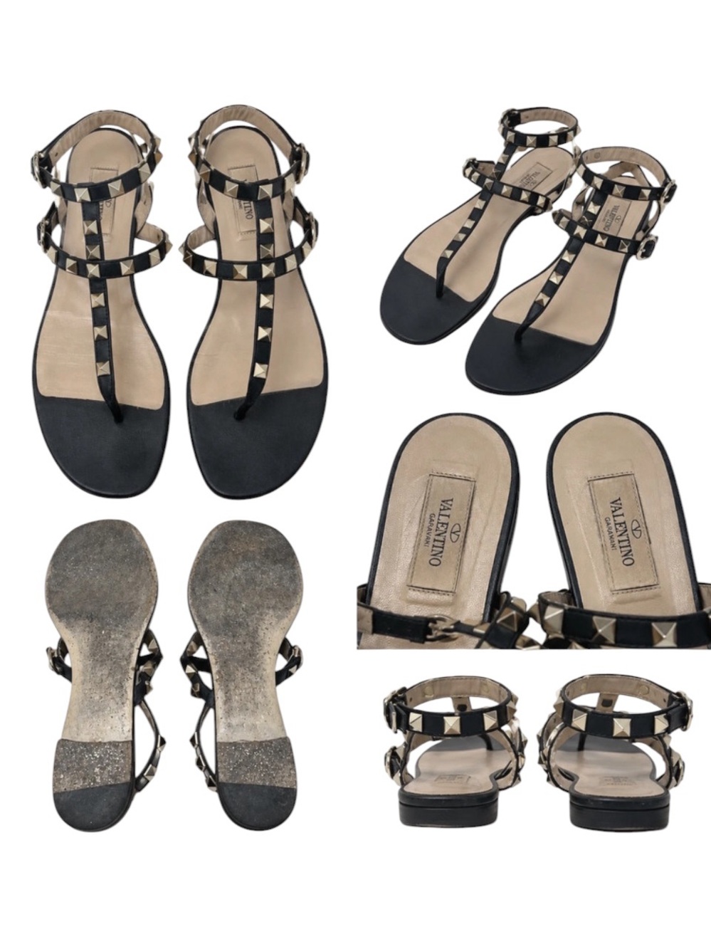 Valentino Garavani Black Studded T-Strap Sandals with Beige Insole